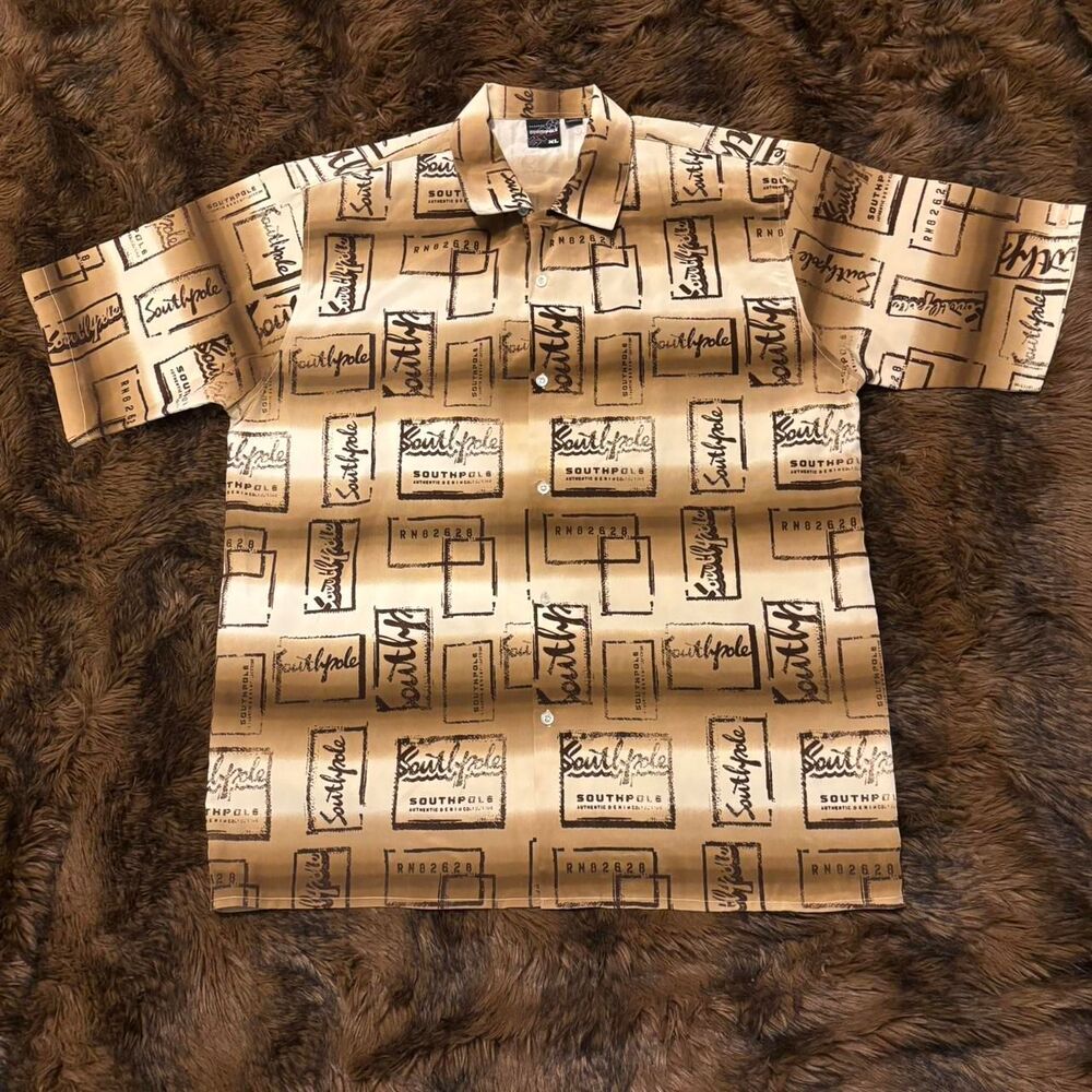 VTG Southpole Y2K short-sleeve button-down shirt All Over Print Tan / Brown XL